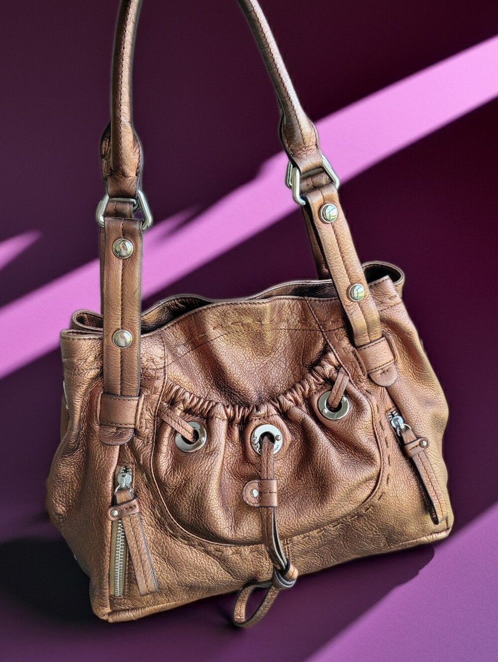 B. Makowsky Ultra Soft Copper Bronze Genuine Pebble Leather Large Tote - Picture 5 of 11